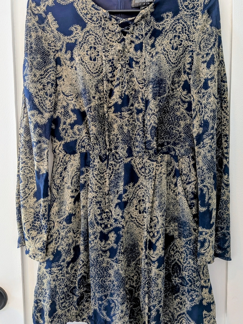 Fashion Union Navy and Cream Paisley Long-Sleeve Dress